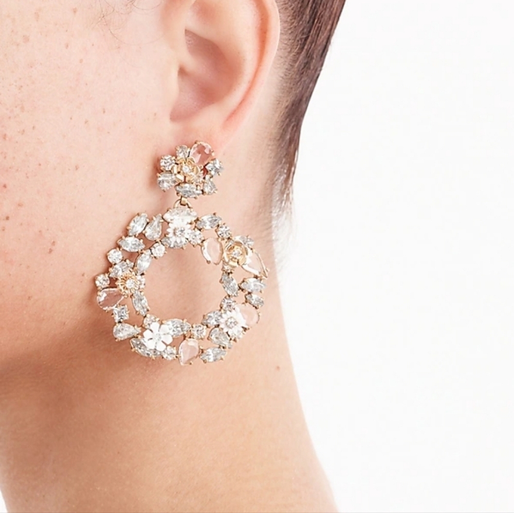 J.Crew Dangle Drop Floral Crystal Wreath Earrings Gold Tone